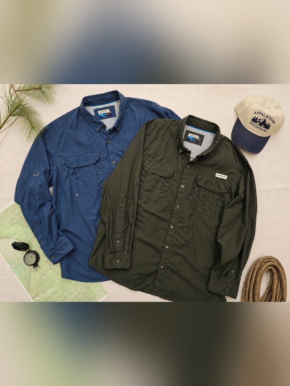 Magellan Lot Of 2 Fishgear Angler Fit L Sleeve Green And Blue Shirts. Mens 4xl